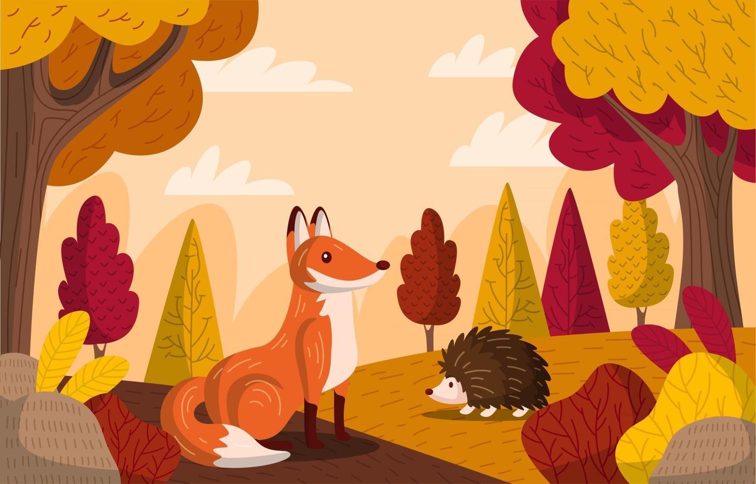 Autumn Forest with Animals Background vector