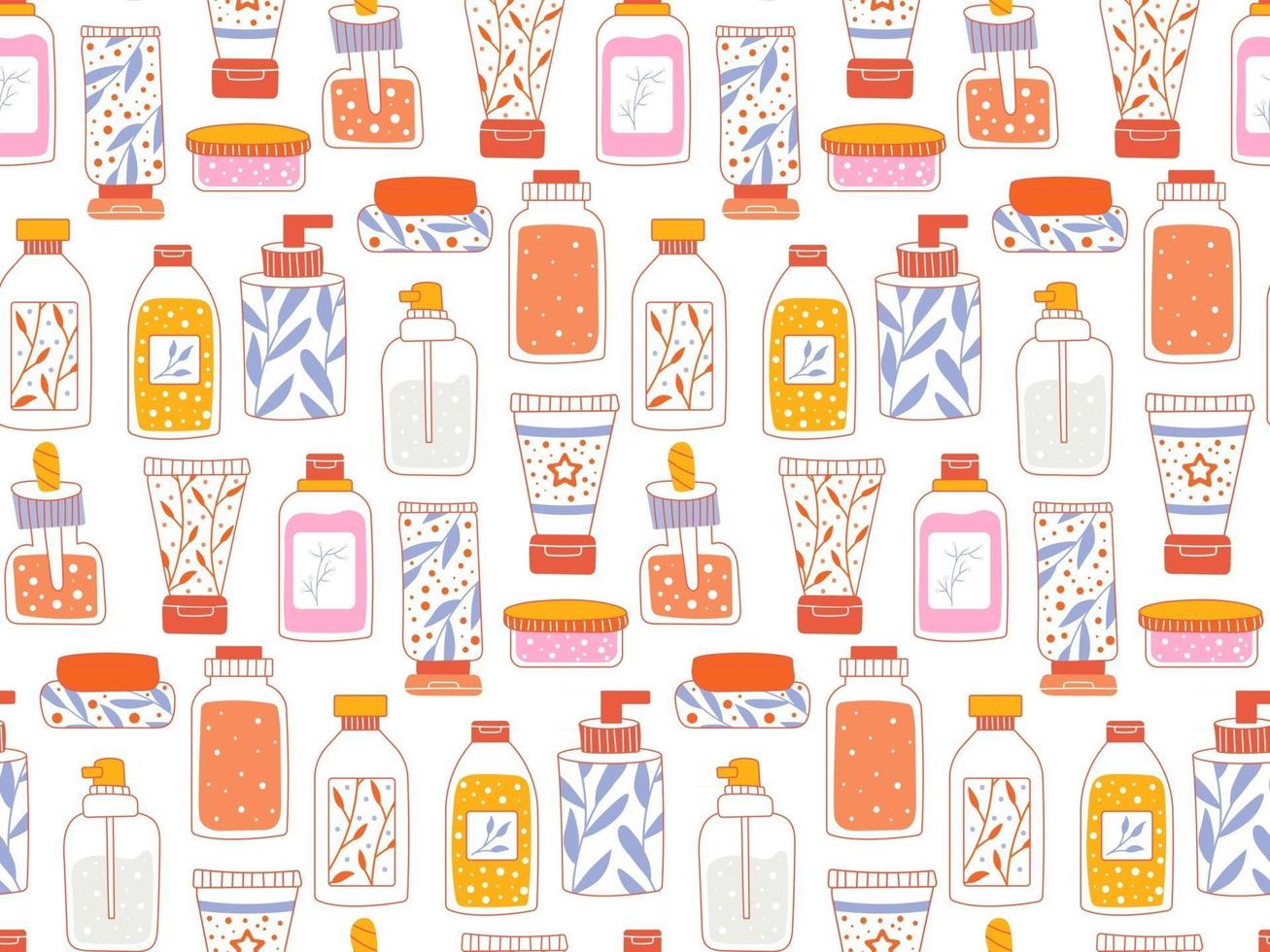 Seamless repeating pattern with cosmetics. A set of bottles and tubes vector