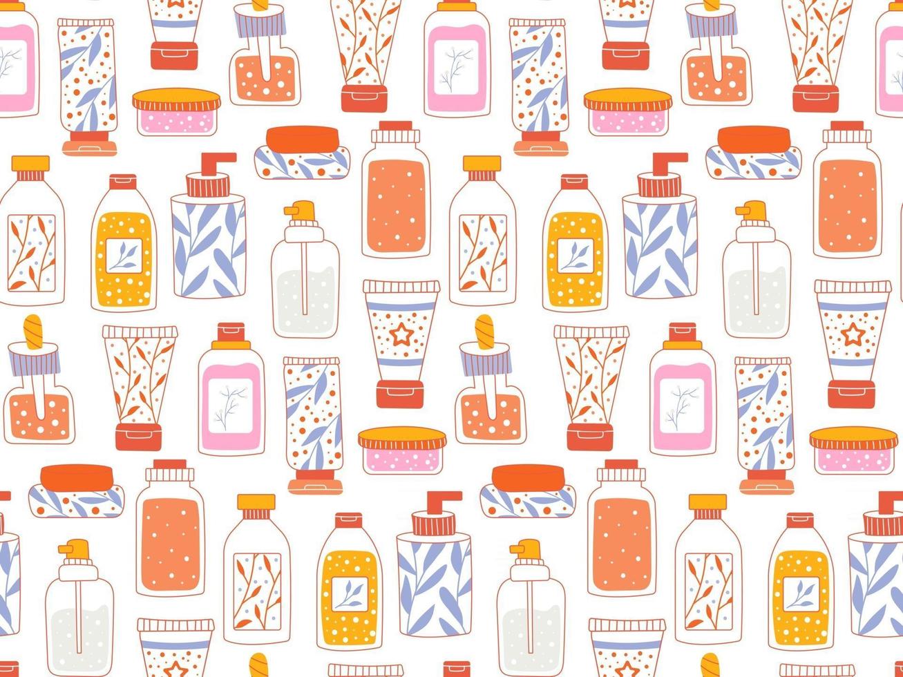 Seamless repeating pattern with cosmetics. A set of bottles and tubes vector