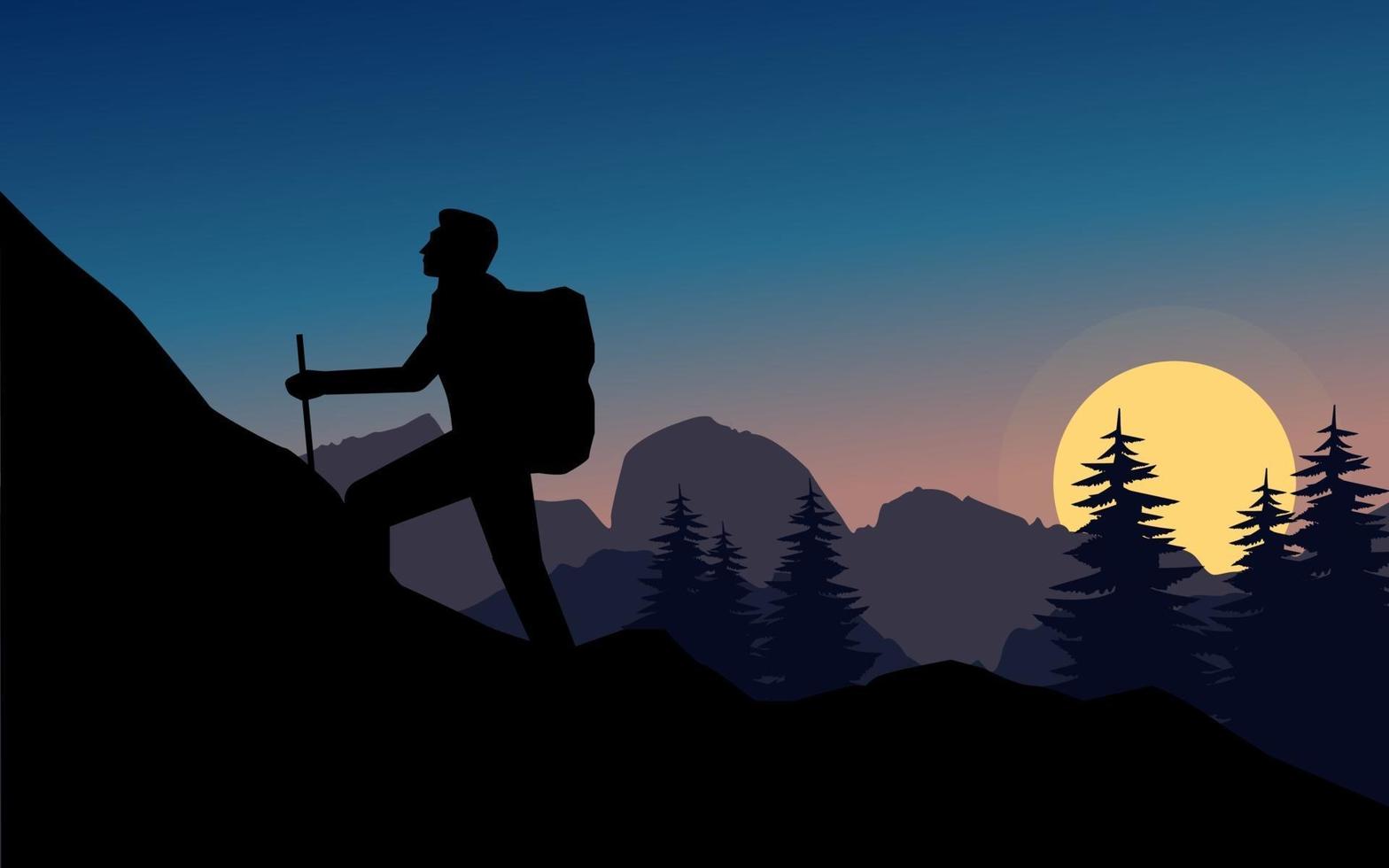 paisaje de la naturaleza en silueta con hombre escalando montaña vector