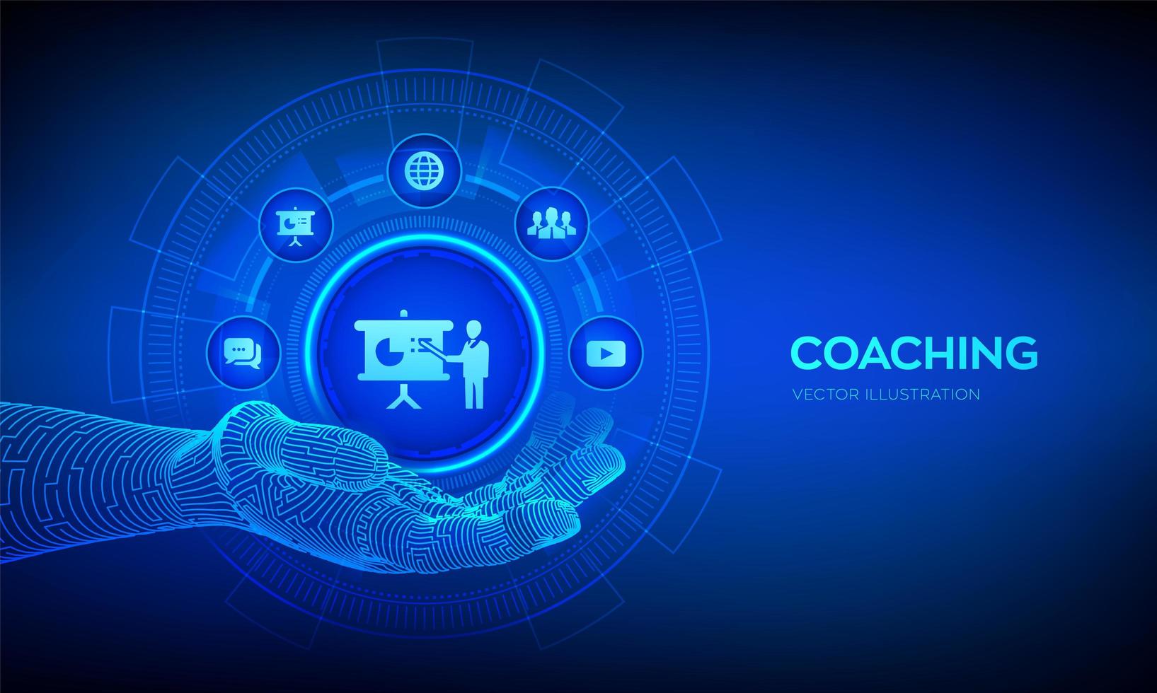 Coaching icon in robotic hand. vector