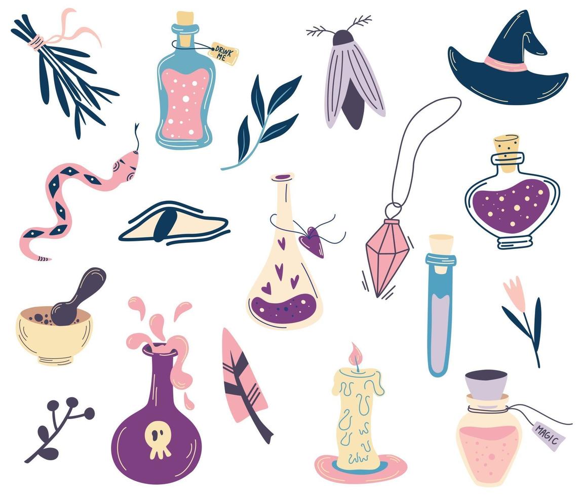 Witchcraft set. Bottles with potion evil eye crystal snake candle moth vector