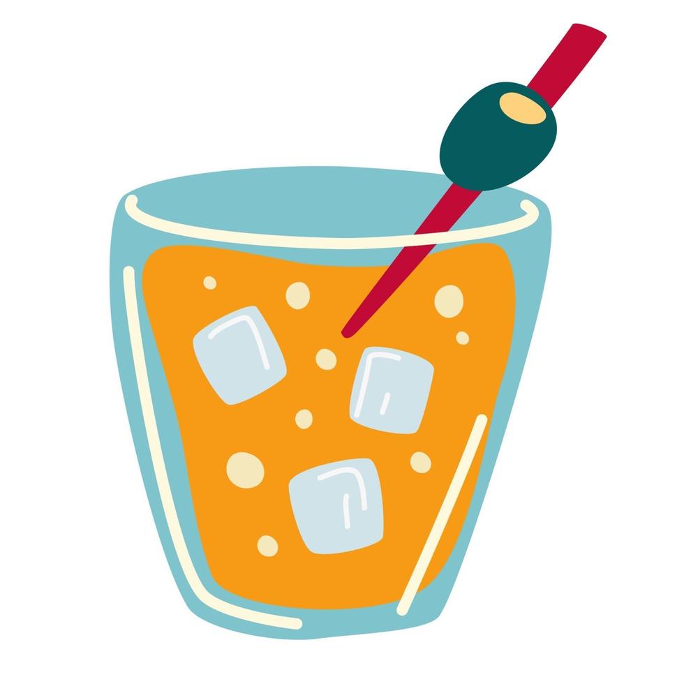 Cocktail with olive and ice. Alcohol drink. vector