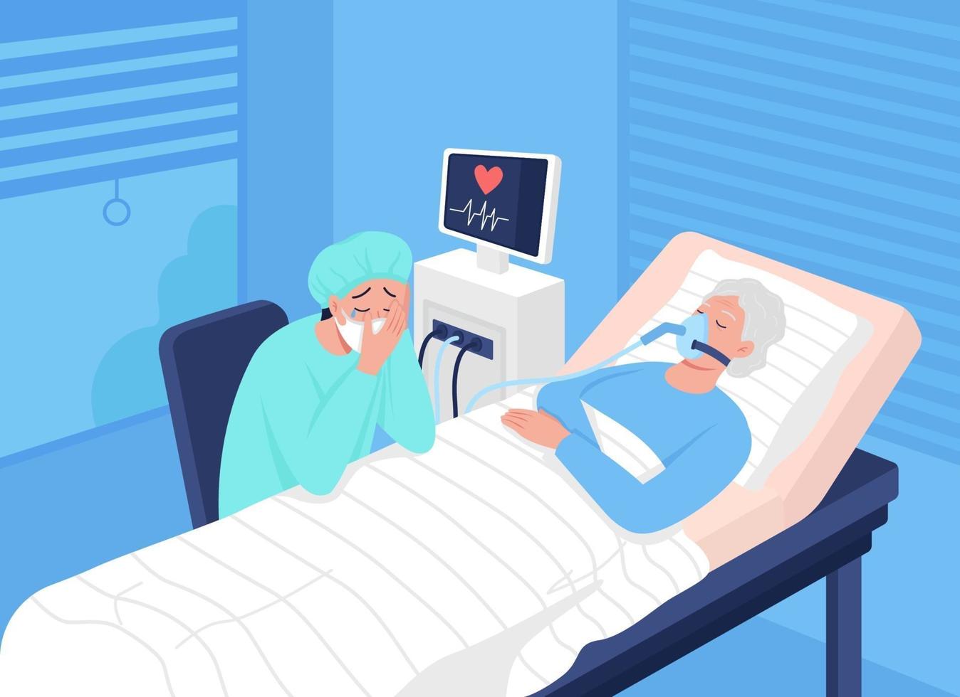 Comatose patient in intensive care unit flat color vector illustration