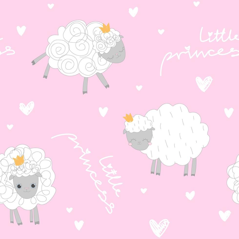 Cute pastel pink pattern doodle sheep hearts Seamless little princess vector