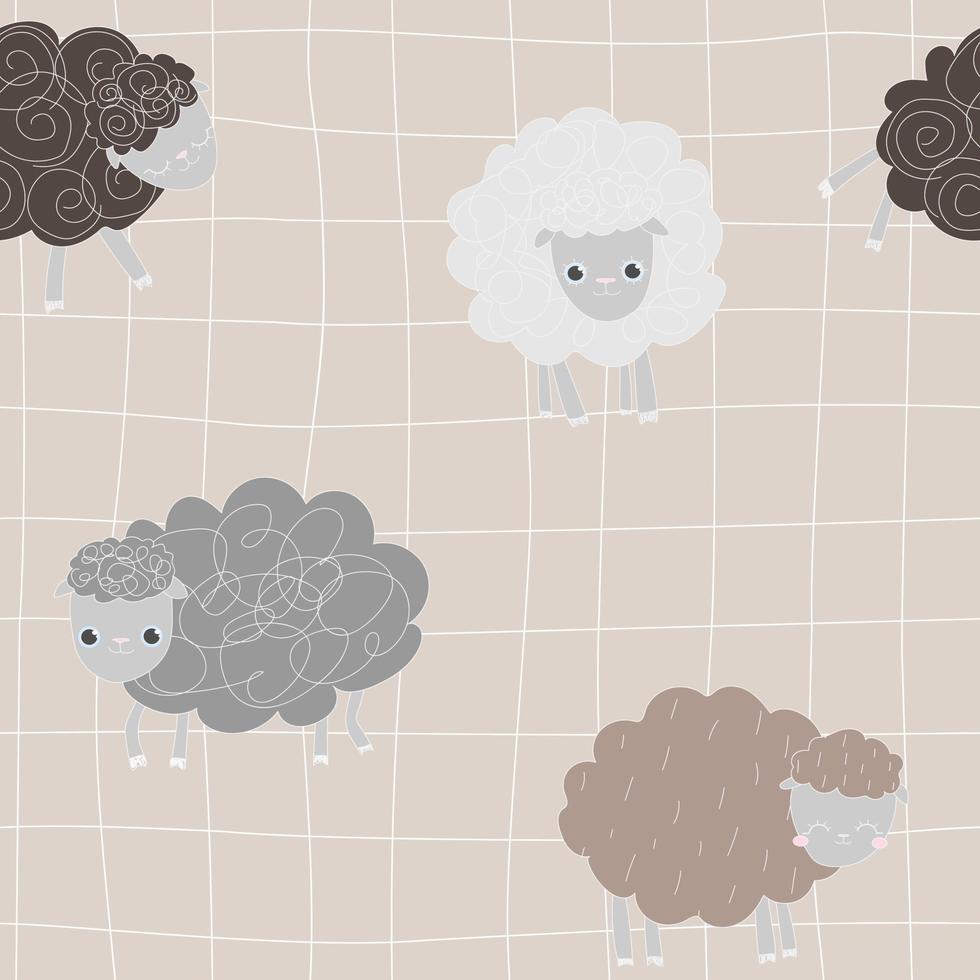 Cute pastel brown pattern doodle sheep white plaid background vector