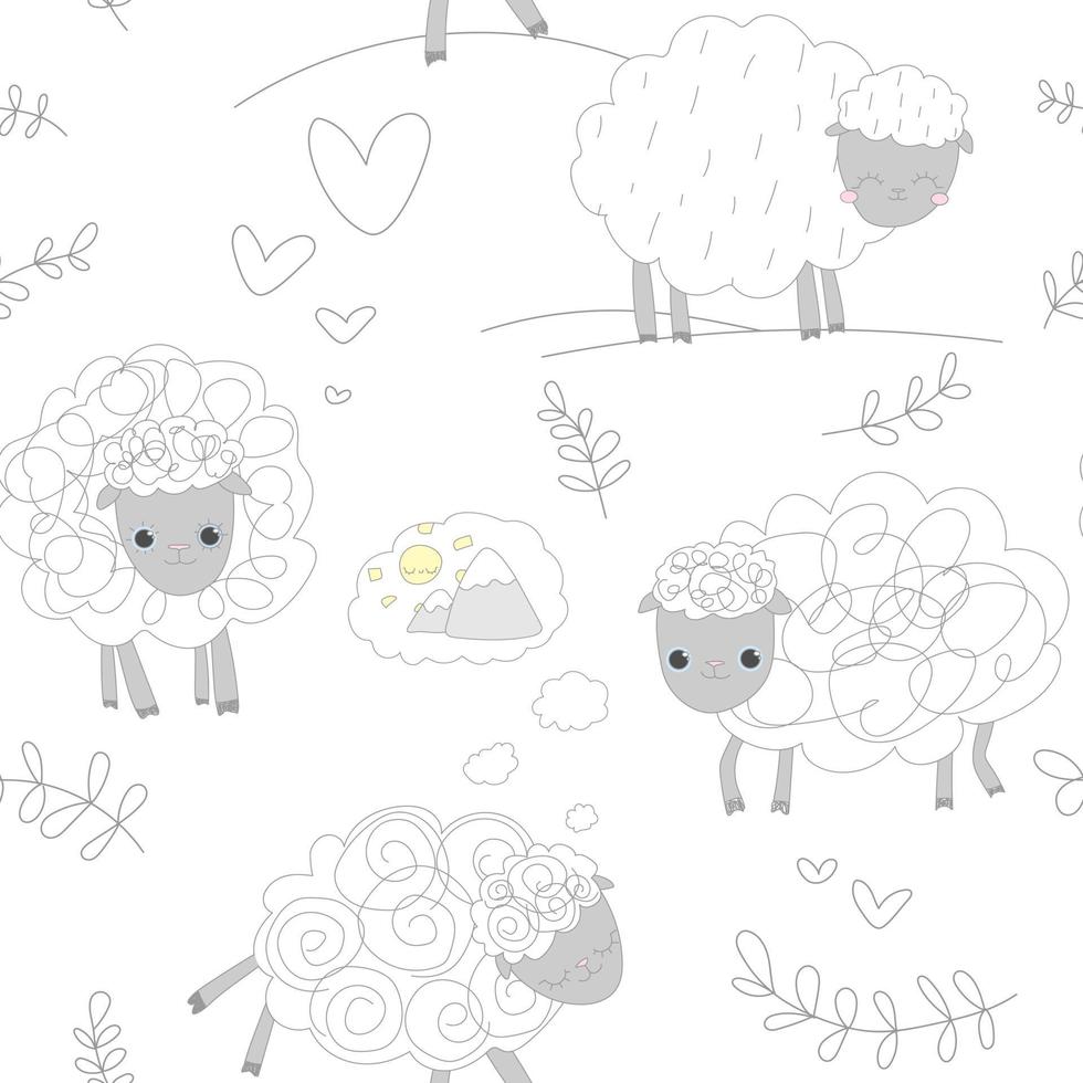 Cute white pattern line doodle sheep hearts mountains background vector