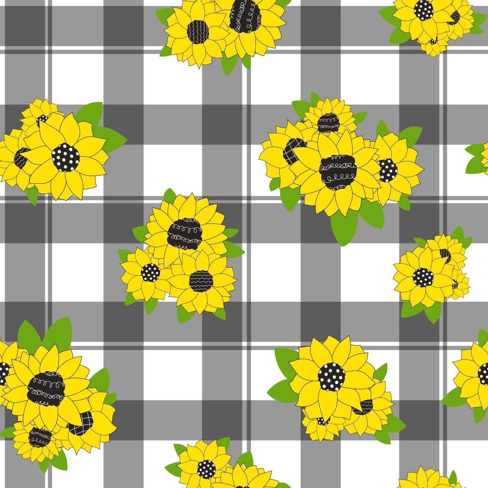 white pattern doodle sunflowers black plaid background kitchen vector