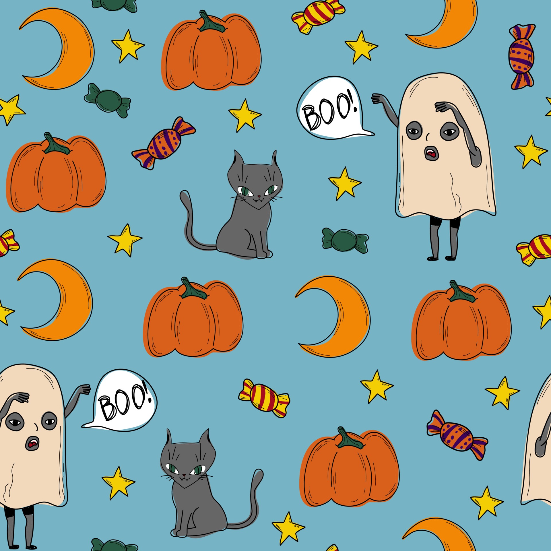 Bộ sưu tập họa tiết ma quái màu xanh với hình ảnh ma, kẹo, bí ngô và mặt trăng làm chủ đạo sẽ mang đến cho bạn những trải nghiệm thú vị trong mùa lễ Halloween.