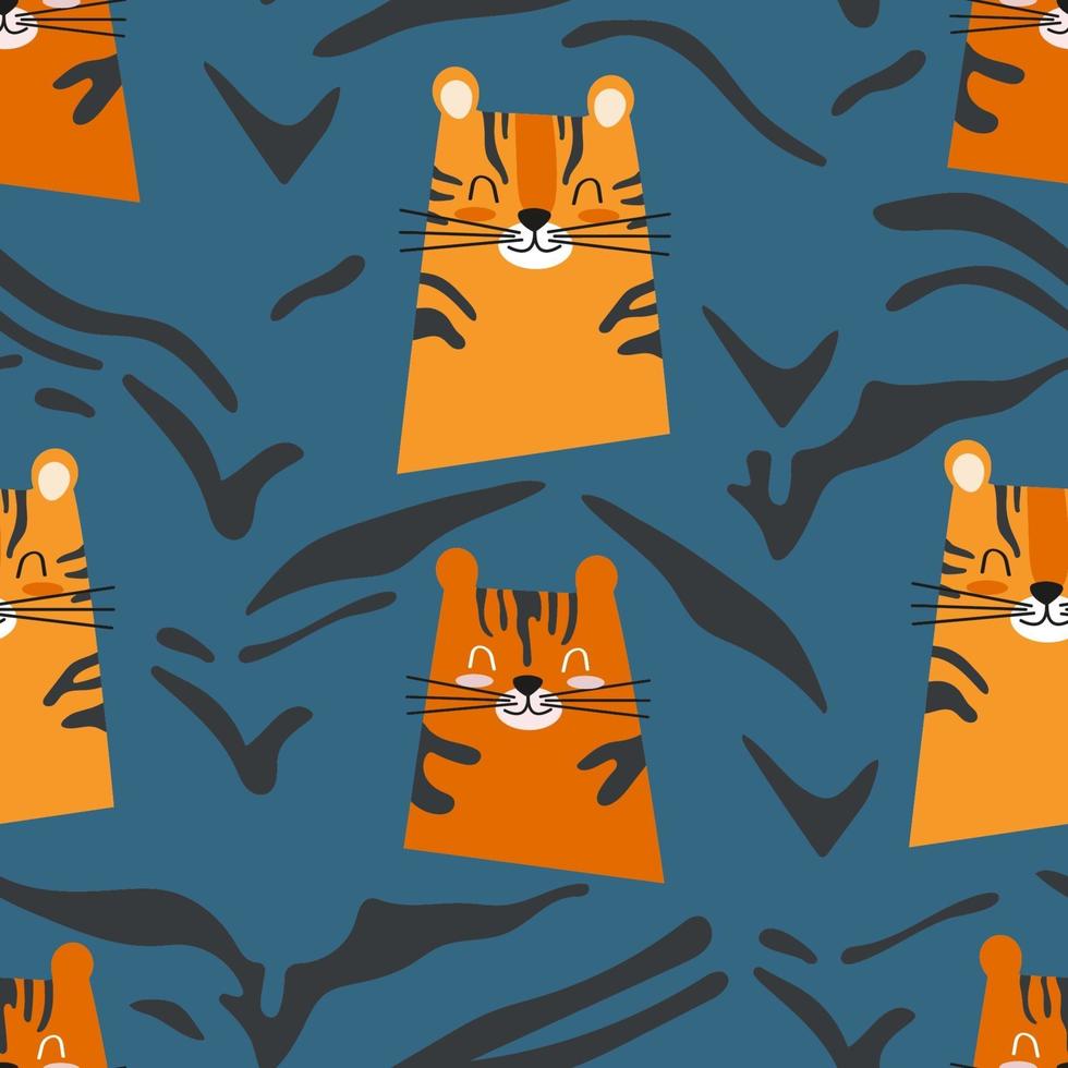 Seamless pattern cute tiger on a blue background vector