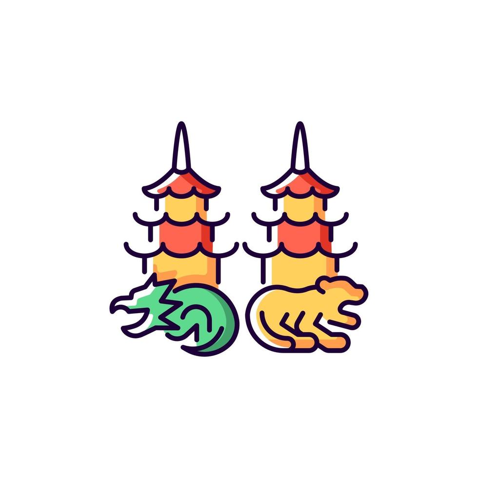 Dragon and tiger pagodas RGB color icon. vector