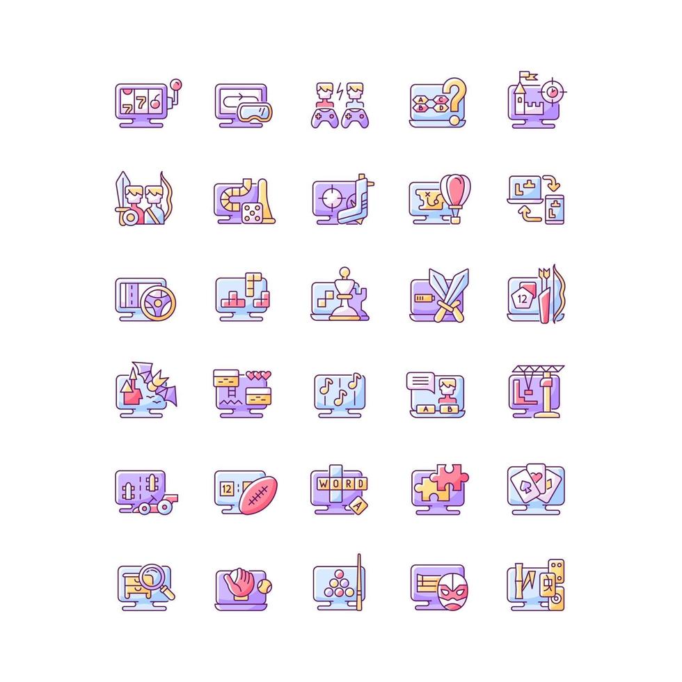 Online game types RGB color icons set vector