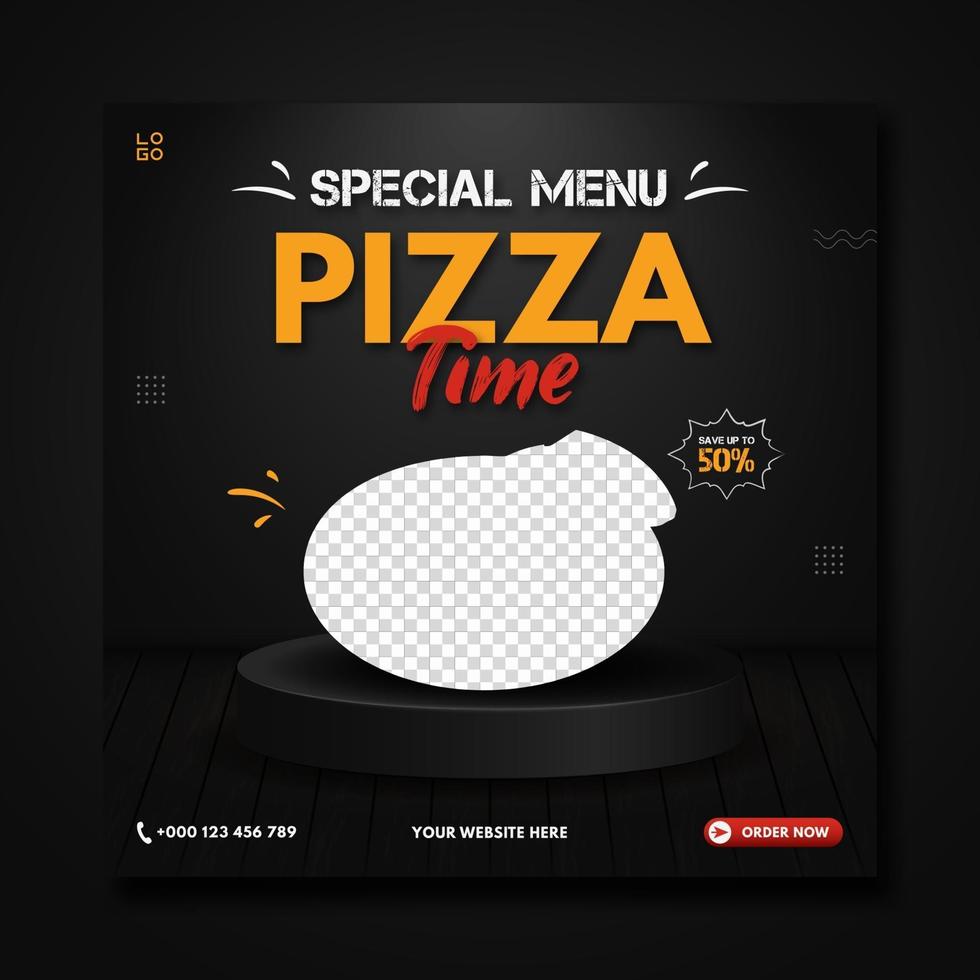 menú especial pizza time plantilla de banner de redes sociales vector