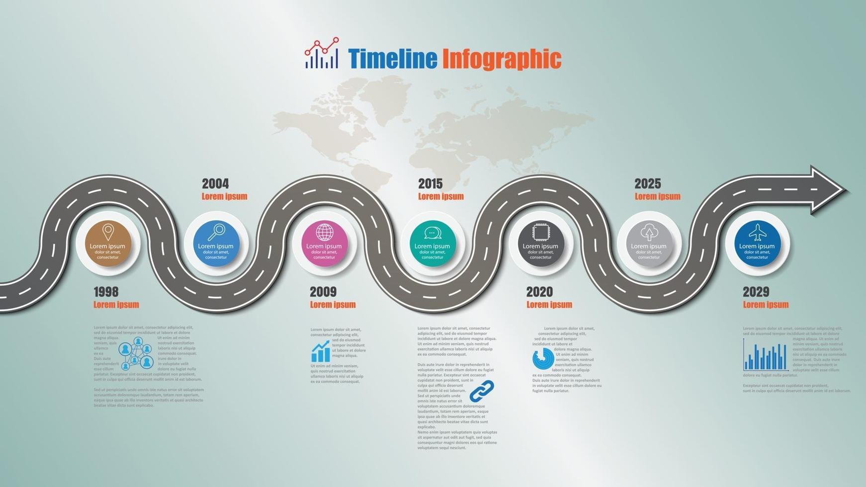 7 steps business roadmap timeline infographic, vector illustration