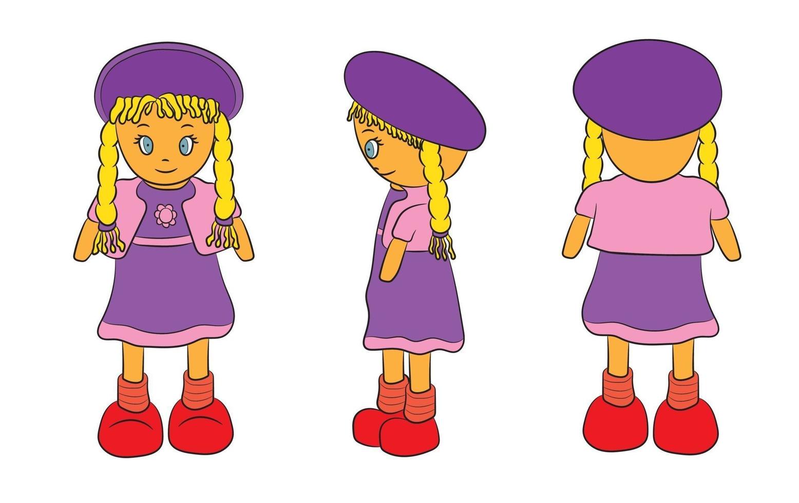 muñeca personaje de dibujos animados juguete niña pose diferente vector