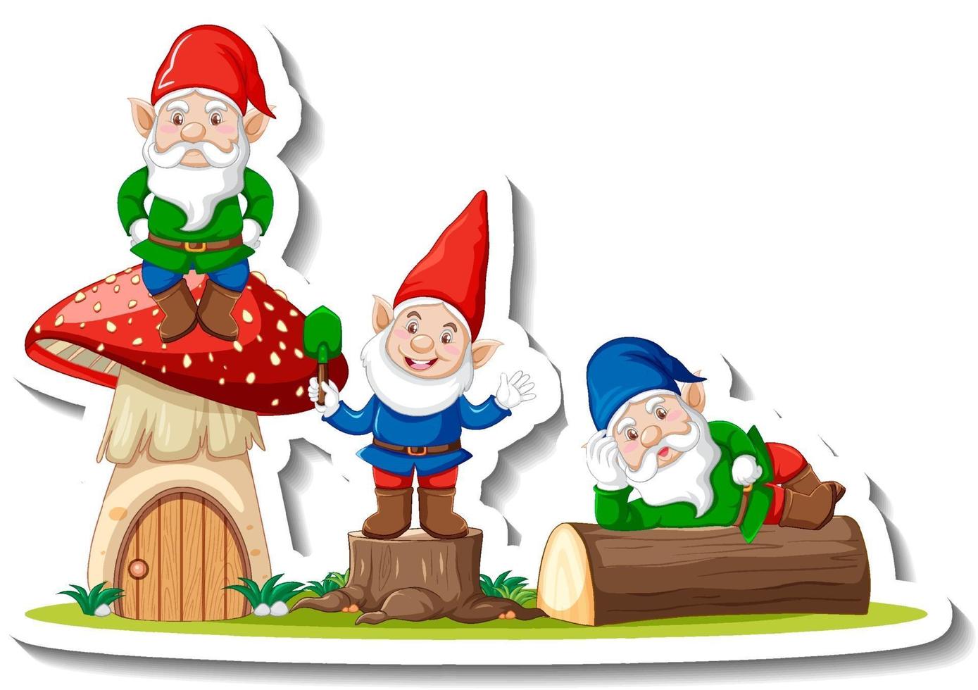 A sticker template with garden gnomes or dwarfs cartoon chracter vector