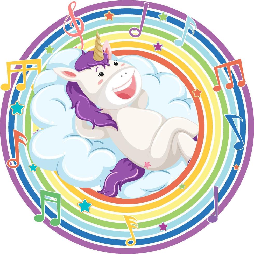 Unicorn in rainbow round frame with melody symbol vector