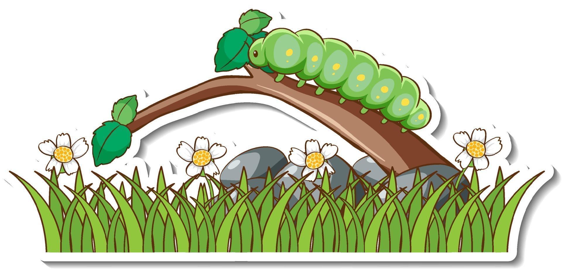 Green worm on a branch with grass field sticker vector