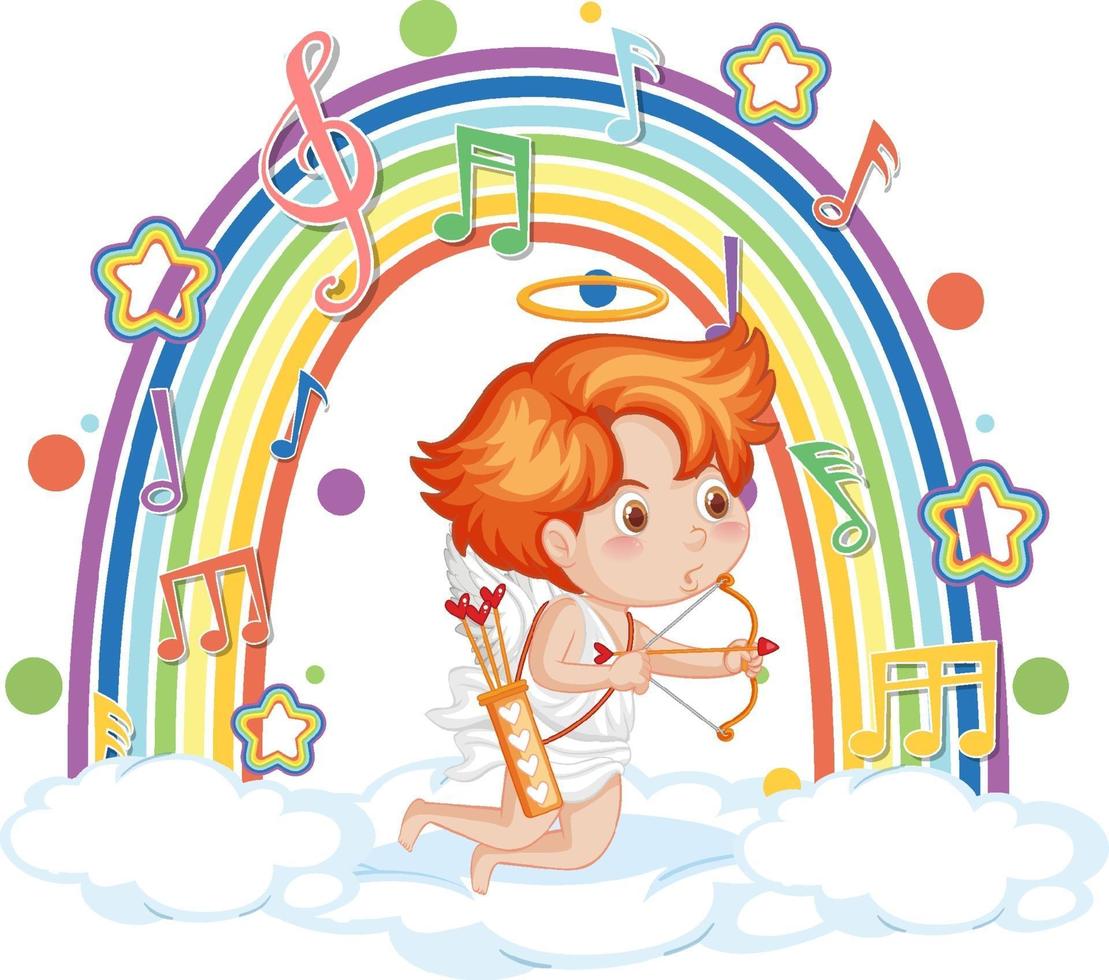 Cupido niño en la nube con símbolos de melodía en arco iris vector