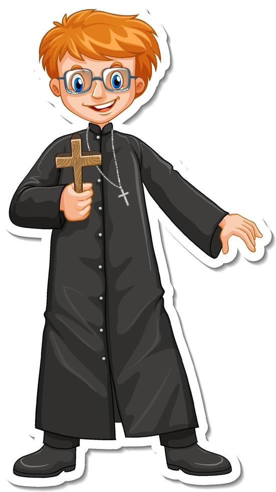 personaje de dibujos animados del sacerdote sosteniendo la pegatina de la cruz cristiana vector