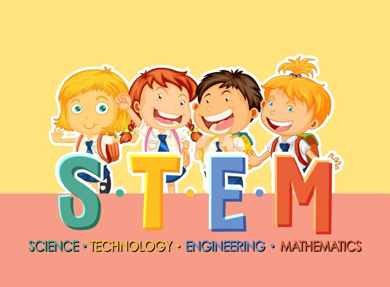 STEM education logo with student kids cartoon character vector