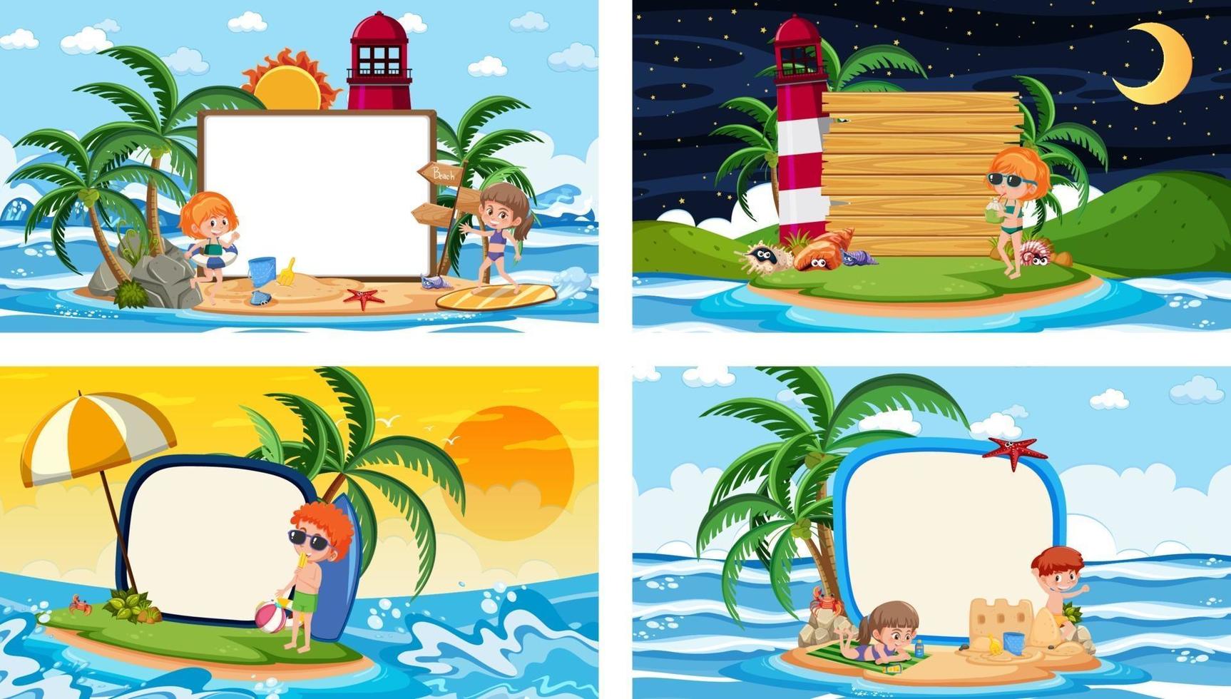 Set of different tropical beach scenes with blank banner vector