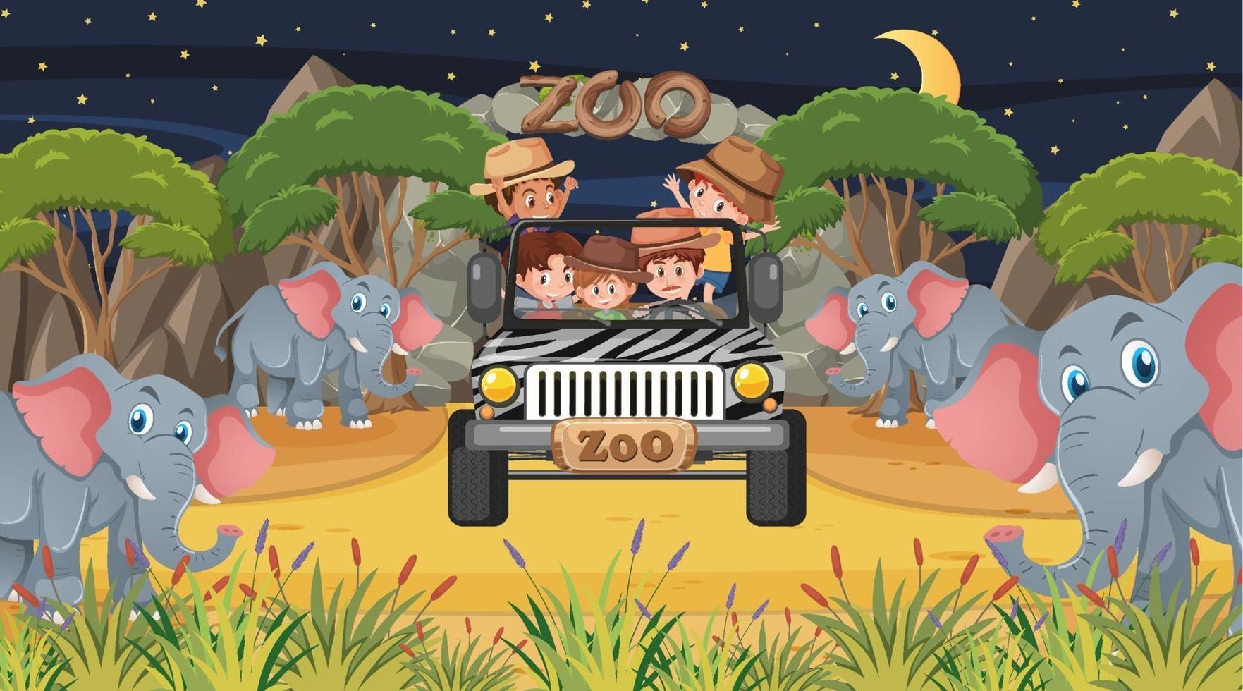 Safari en la escena nocturna con muchos niños viendo un grupo de elefantes. vector