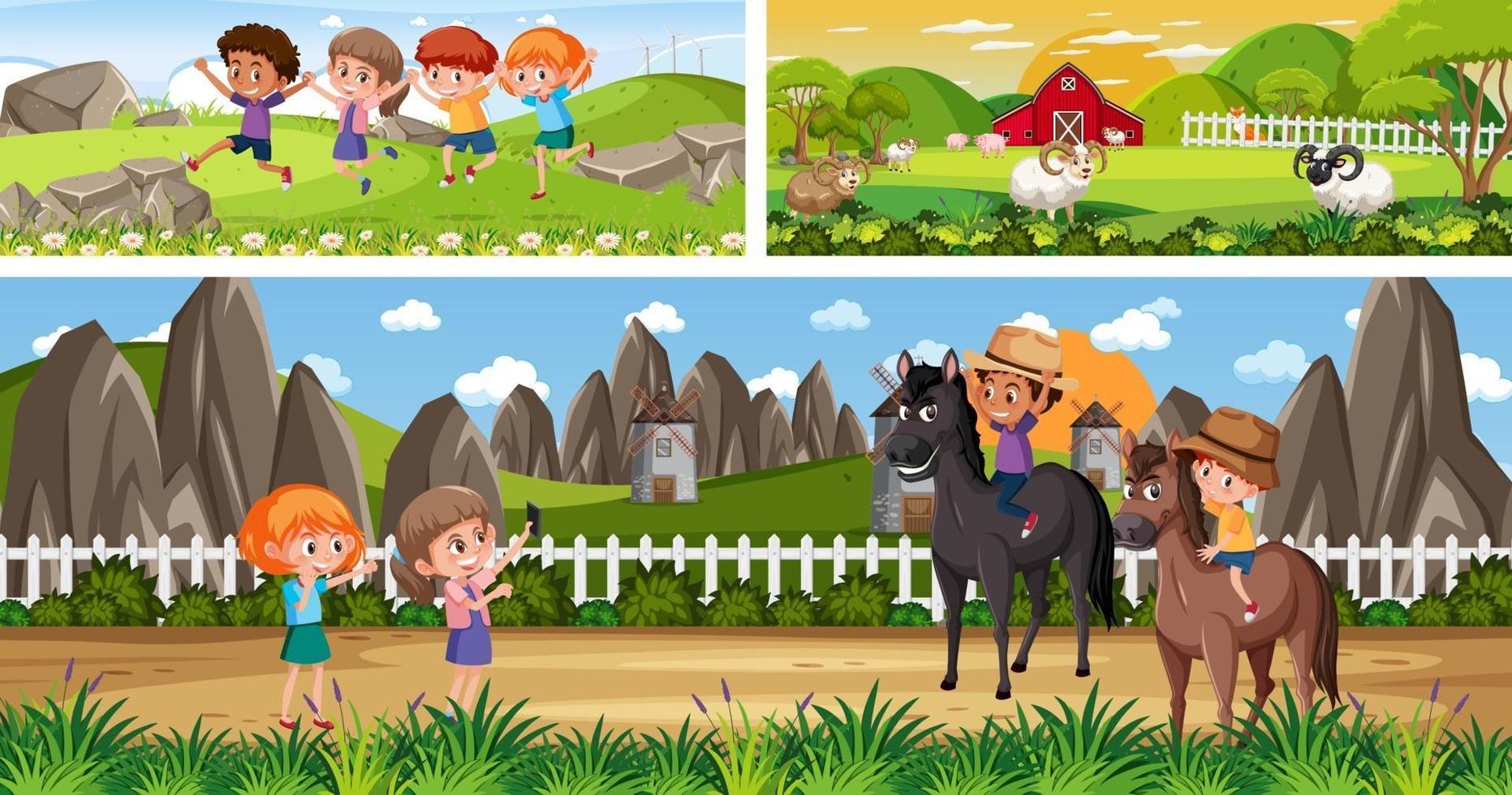 Set of different outdoor landscape scenes with cartoon character vector