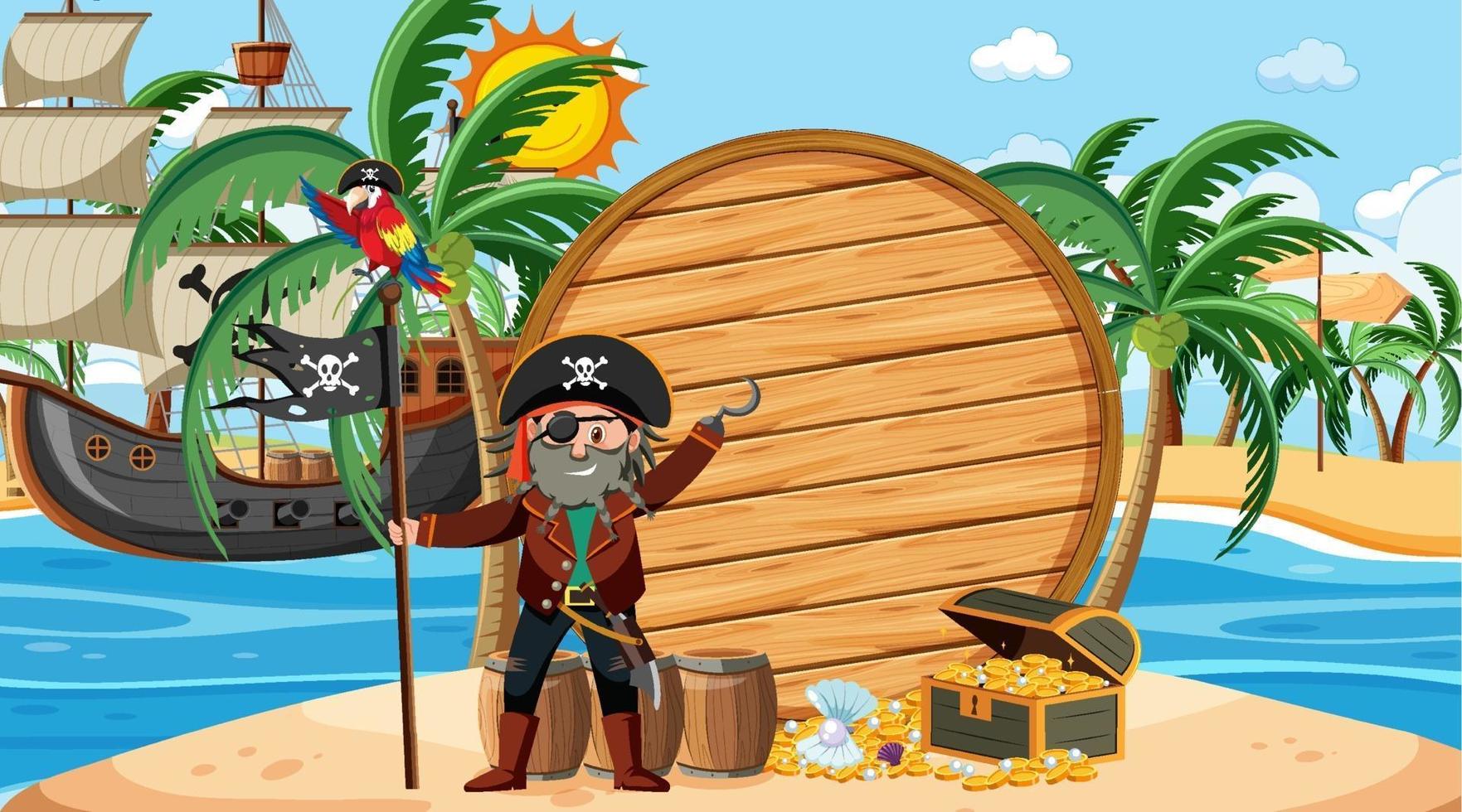Banner de madera vacía con capitán pirata en la escena diurna de la playa vector