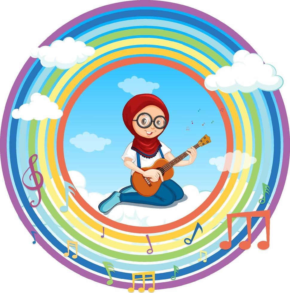 Muslim girl playing guitar in rainbow round frame with melody symbol vector