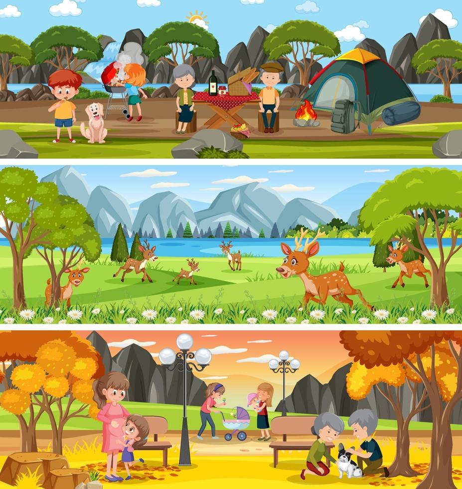 Different nature landscape at daytime scene with cartoon character vector