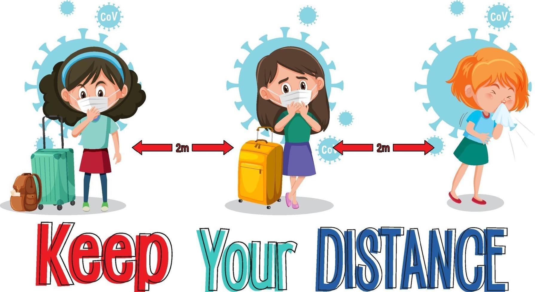 Keep your distance banner with cartoon character vector