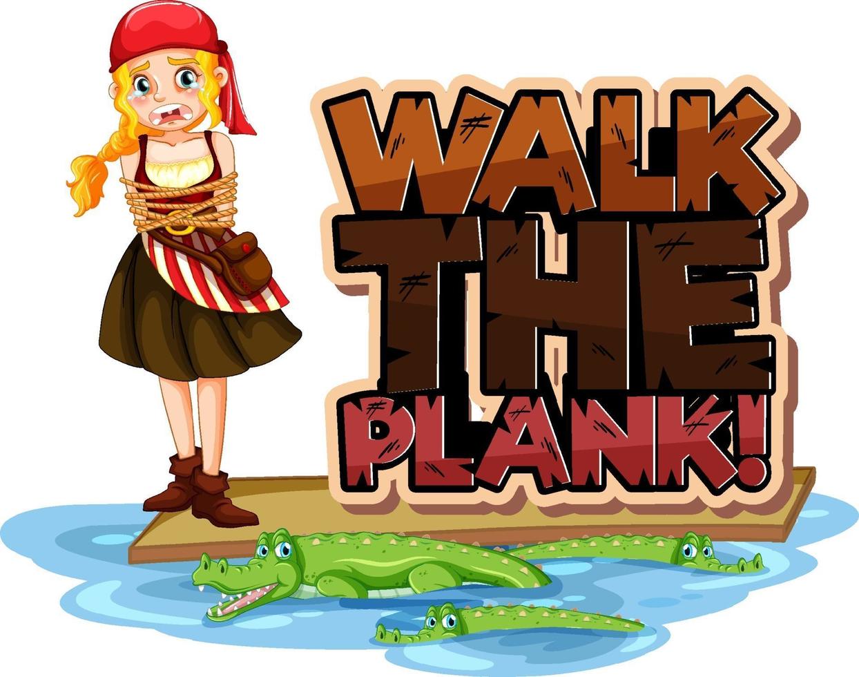 Walk The Plank font banner with a pirate boy cartoon character vector