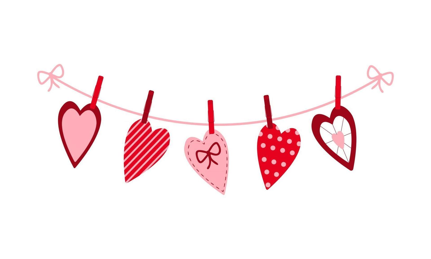Various Valentine hearts hanging on the rope on the clothespins vector