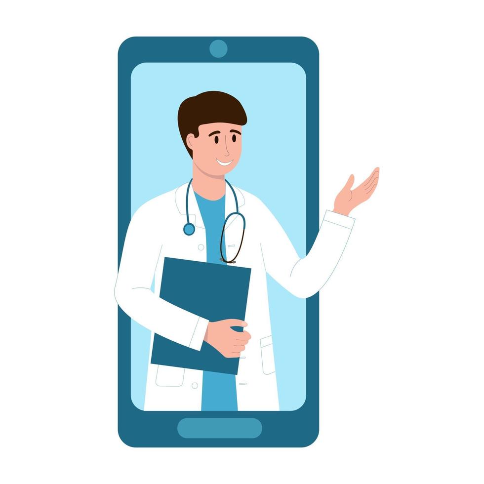 Online doctor, internet medical service. Male therapist in smartphone vector