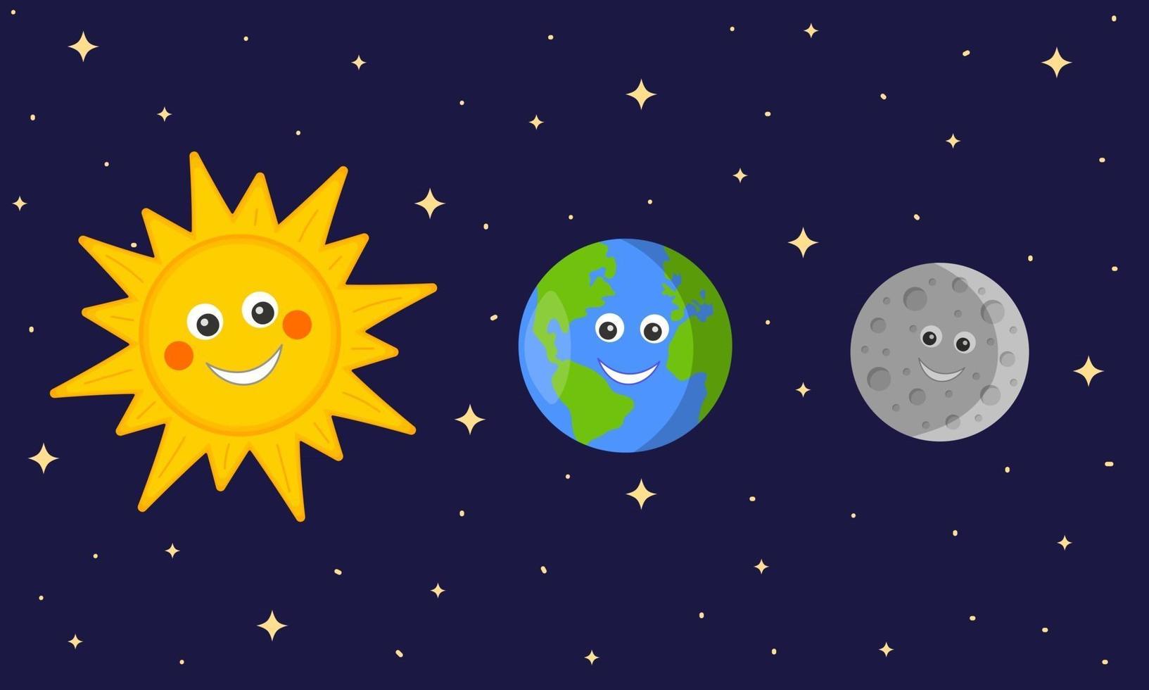 lindos personajes de sol, tierra y luna sobre fondo estrellado del espacio oscuro vector