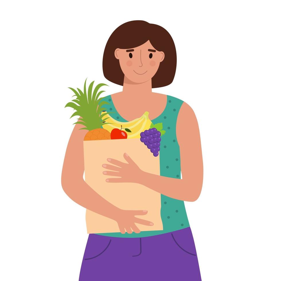 Mujer sosteniendo una bolsa de papel con frutas vector