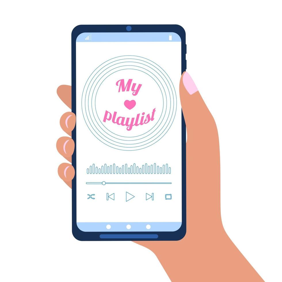 Hand holding smartphone with music player interface vector