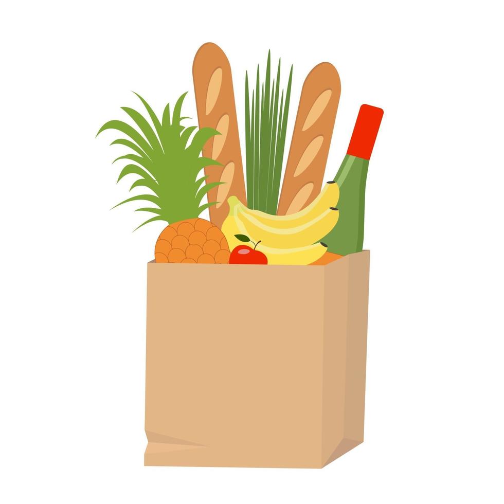 Food in paper bag. Grocery shopping. Fresh food delivery vector