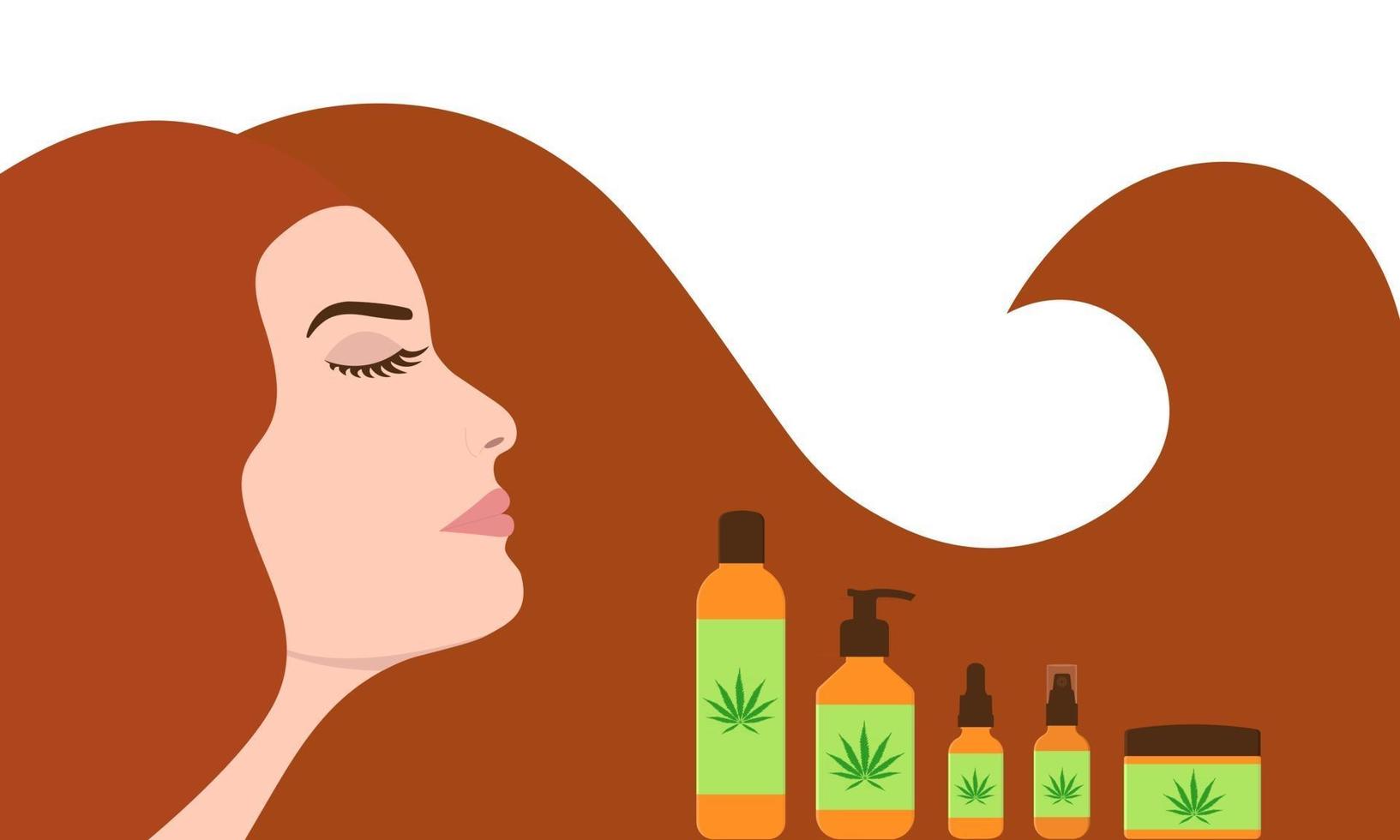 Woman with long strong hair near cbd oil products vector