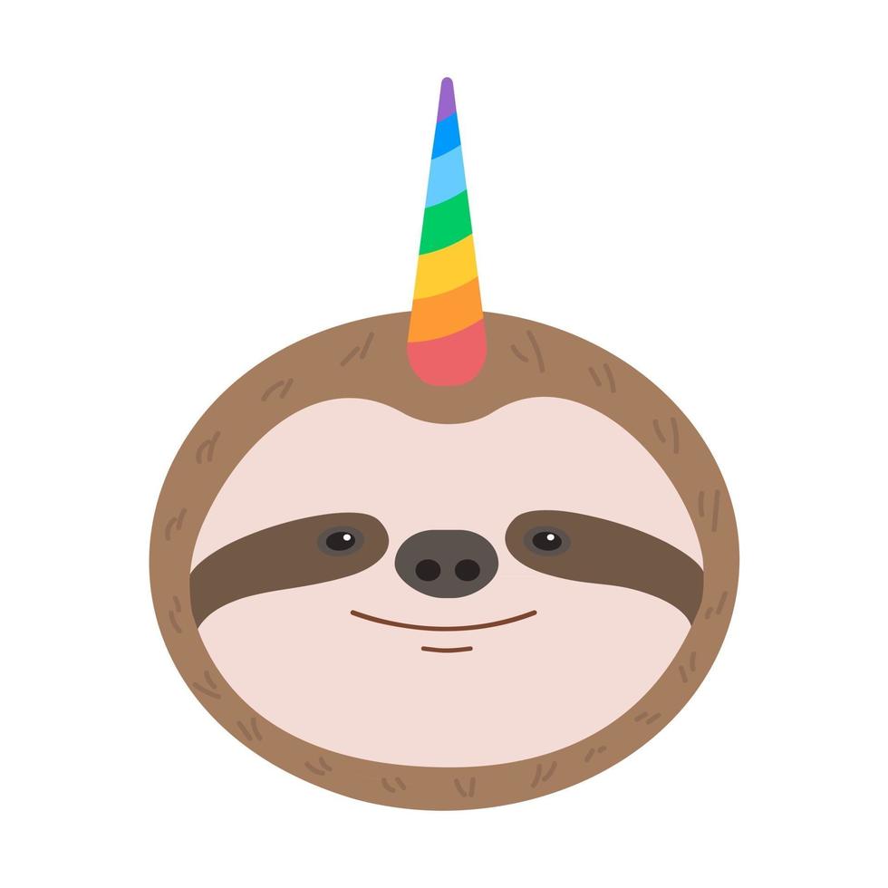 Funny sloth head with unicorn rainbow horn vector