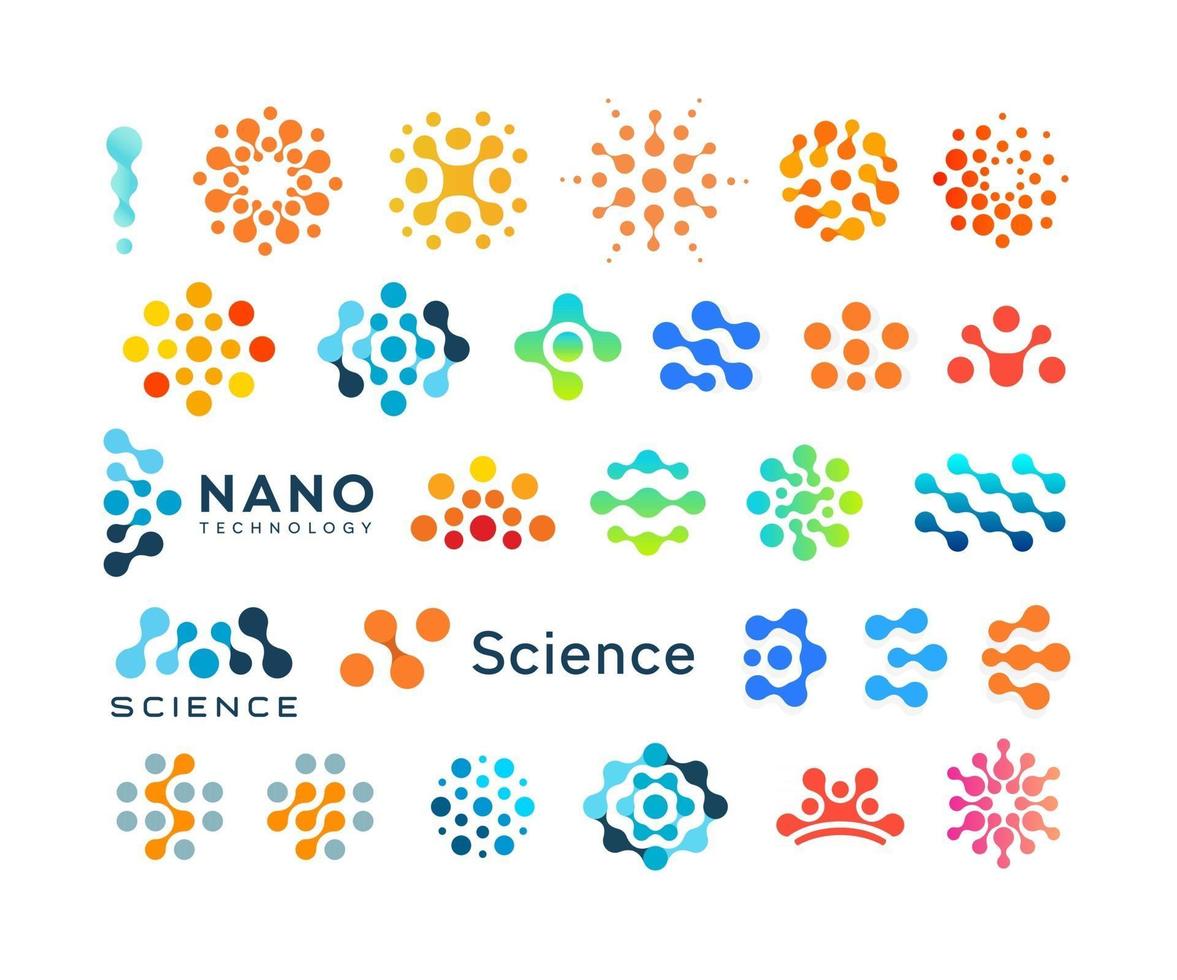 Conjunto de logotipos de puntos de ciencia, logotipo punteado creativo, emblema abstracto moderno vector