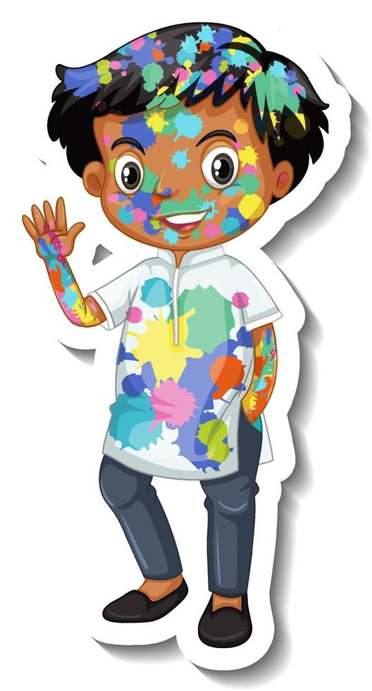 Happy boy with colour on his body sticker on white background vector