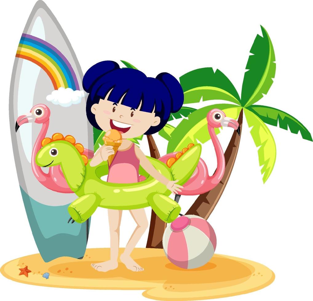 Cute girl with summer beach icons isolated vector