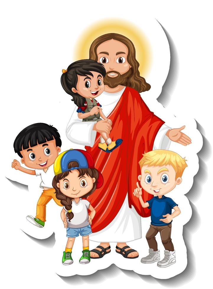 Jesucristo con el grupo de niños pegatina sobre fondo blanco. vector