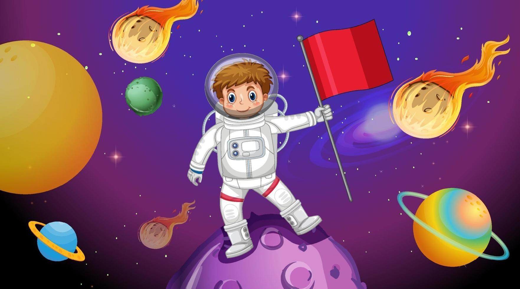Astronaut kid standing on asteroid in space scene vector