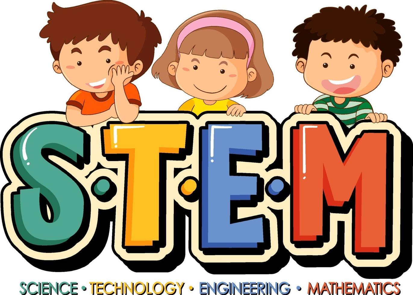STEM education logo with little kids cartoon character vector