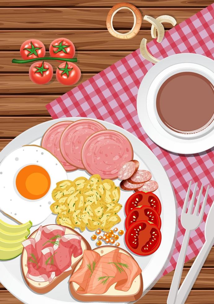 Vista superior del desayuno en un plato con una taza de café sobre la mesa vector