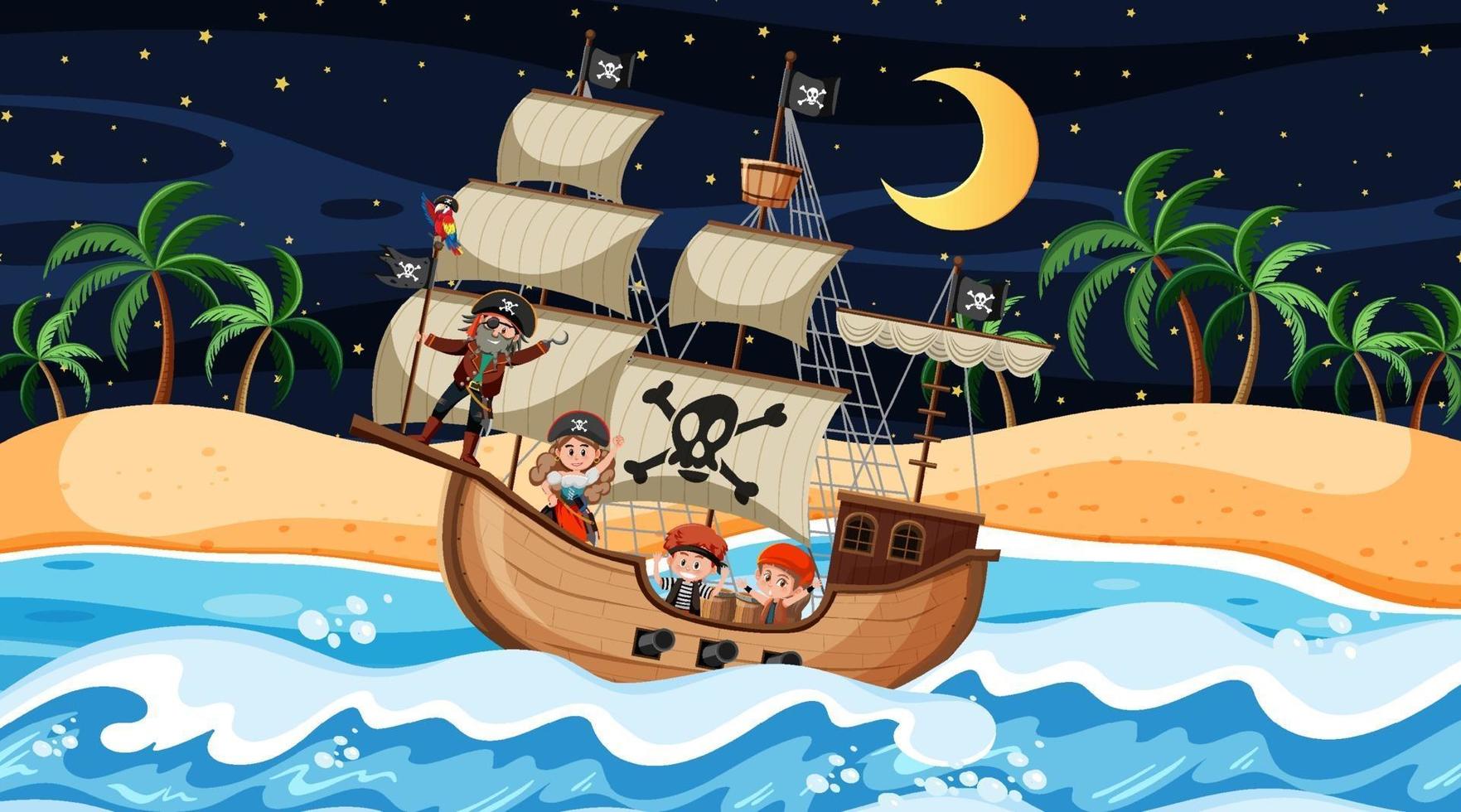 Beach with Pirate ship at night scene in cartoon style vector