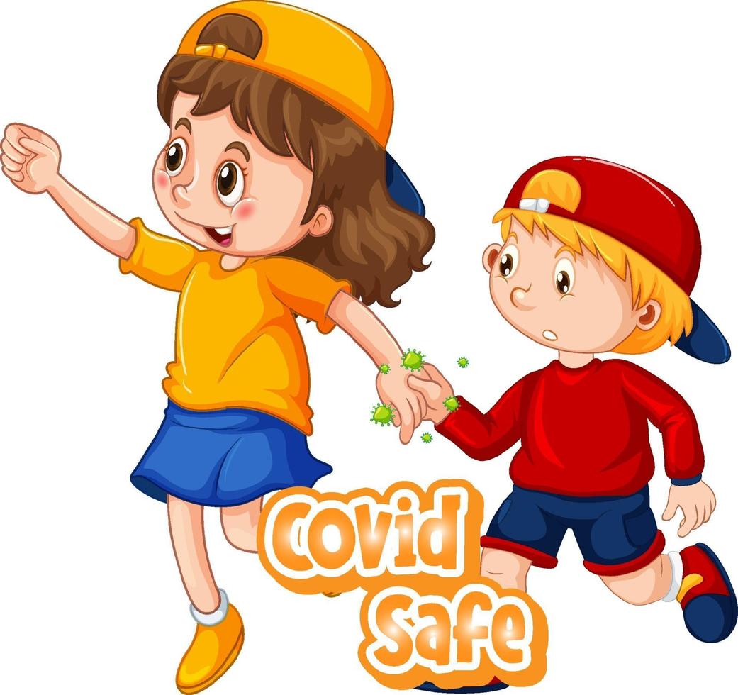 Two kids character do not keep social distance with Covid Safe font vector